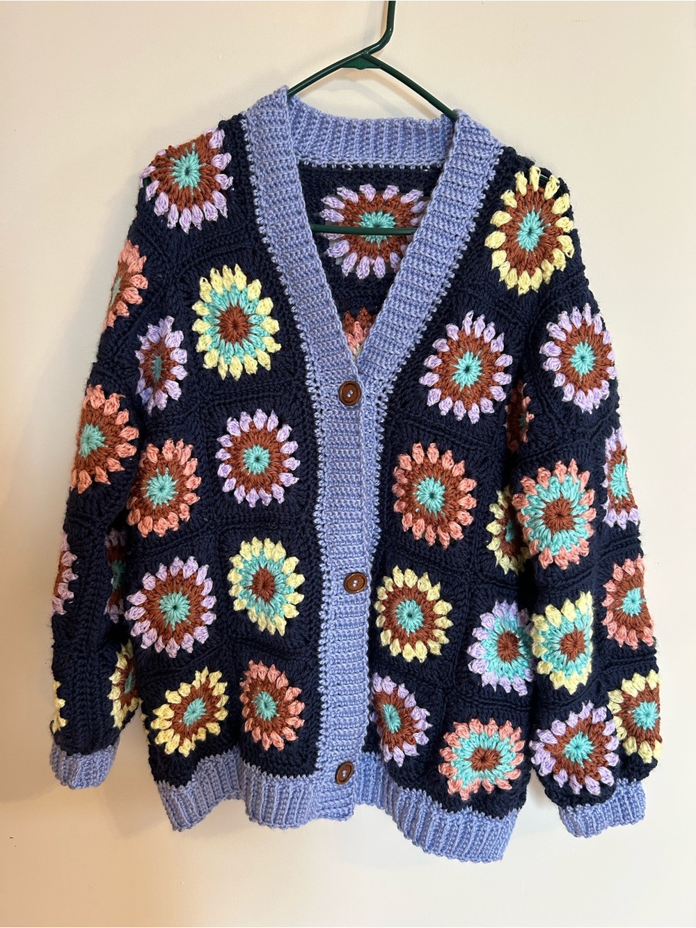 Handmade Navy Crochet Flower Cardigan with Lavender Trim